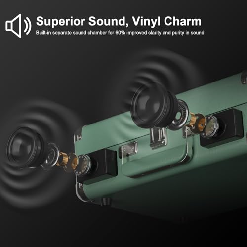 Image of Vinyl Record Player with Built-in Speakers Treble & Bass Gain Vintage Bluetooth Turntable 3-Speed Portable Suitcase LP Player AUX-in RCA Headphone Out, Forest Green