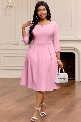 Image of Nmoder Fit-and-Flare Midi Dress V-Notch Neck Casual Dress Side Pockets | V-notch neckline;A-line swing silhouette; Soft breathable fabric; Perfect for church wedding guest work daily wear