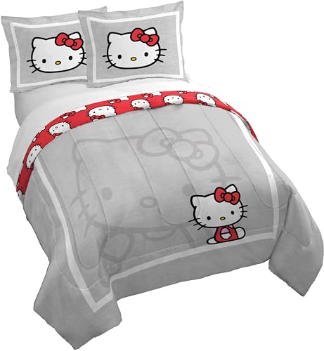 Jay Franco Duvet Cover Set – 3 Piece Comforter Cover and Sham Set, Super Soft Cozy Bedding (Insert Not Included) Grey - Hello Kitty, Queen