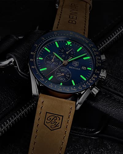 By Benyar Mens Watches Analog Watch For Men Sport Work Waterproof Blue Chronograph Watches Stylish Classic Men's Wrist Watches With Leather Band Unique Gifts For Men #TOP3
