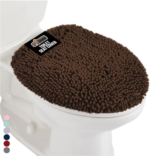 Image of Gorilla Grip Shag Chenille Bathroom Toilet Lid Cover, 19.5 x 18.5 Inches Large Size, Machine Washable, Ultra Soft Plush Fabric Covers, Fits Most Size Toilet Lids for Bathroom, Brown