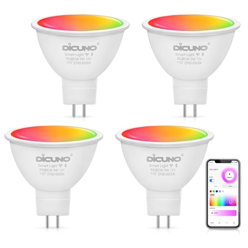 DiCUNO Lampadine Wi-Fi LED Inteligente GU5.3, compatibile con Alexa e Google Home, MR16, 12V, Faretto 5W Dimmerabile Multicolore 2700K-6500K RGBCW, 320LM, Nessun Hub richiesto, 4 Pezzi