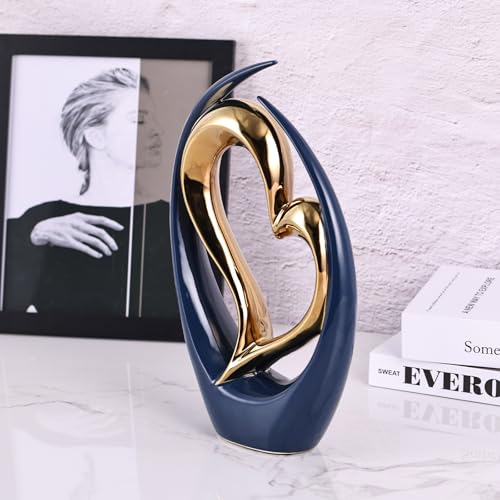 Estatua decorativa de corazón de cerámica azul y oro miniatura 2