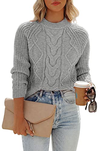 ANCAPELION Damen Kabel Pullove,Winter Casual Leicht Rundhals Langarm Einfarbig Elegant Gerippt Strickpullover,Rein Grau S Cover