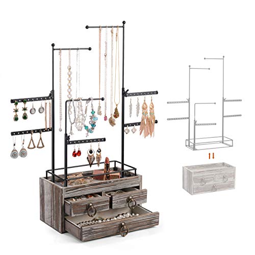 Ikkle Jewelry Organizer Stand, 2 Layer Wooden Jewelry Drawer Storage Box with 8 Tier Jewelry Tree Stand, Rustic Jewelry Holder Stand, Jewelry towers Display for Necklaces Bracelet Earring Ring