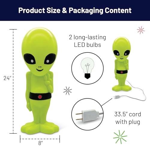 Image of 24-Inch Lighted Alien Novelty Blow Mold Light - Cute Retro Green Martian with Peace Sign - Indoor /Outdoor Display, Sci-Fi Decor, Unique Yard Art with Plug-in Lights