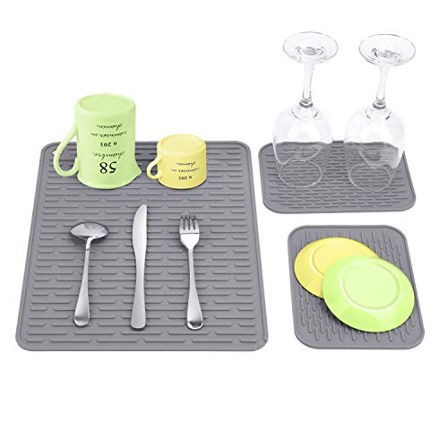 Silicone Dish Drying Mat - Dishes Drainer Mats for Kitchen Counter-Set of 3 Counter top Mats with 122x155&6x 83 - Heat Resistant Flexible Faster Drying Sink Mat Dishwasher Safe