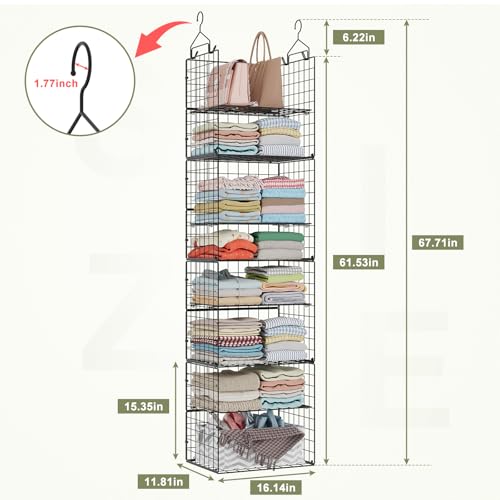 Image of Hanging Closet Organizer and Storage - 8 Tier Closet Hanging Organizer Shelves, Metal & Foldable Hanging Storage Organizer Baskets with Adjustable Dividers for Clothing Sweaters Shoes Handbags