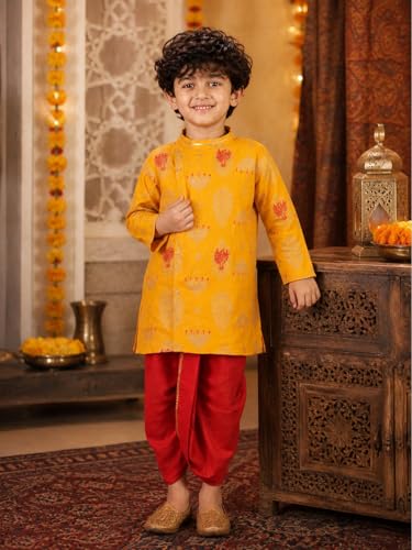 Image of superminis Boy's Golden Foil Printed Side Open Cotton Kurta, Round Collar, Full Sleeves Ethnic Wear Dhoti Kurta Set