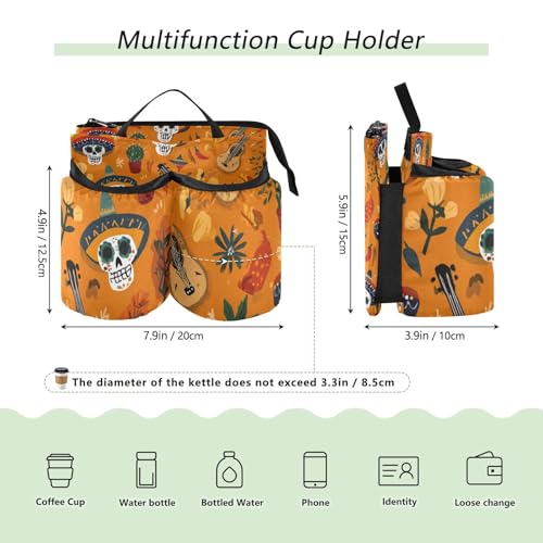 Image of Luggage Cup Holder for Suitcases Free Hands Suitcase Cup Holder Travel Luggage Drink Holder Portable Luggage Cup Caddy Bag Carrier with Handle Day of The Dead Orange Skull Cacti Guitar