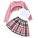 fioukiay Girls 3 Piece Outfit Skirt Sets Long Sleeve Sweatshirt and Plaid Pleated Skirt with Camisole Clothes...