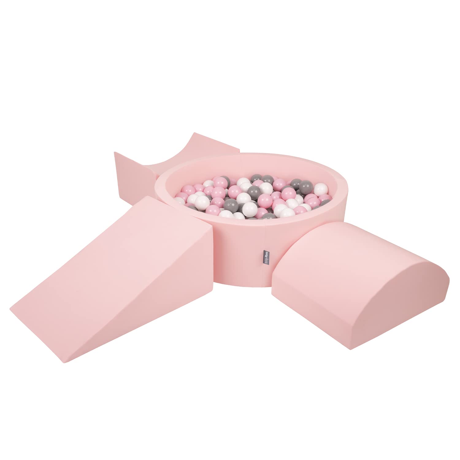 KiddyMoon Foam Playground For Kids With Round Ballpit (200 Balls ∅ 7Cm/2.75In) Soft Obstacles Course And Ball Pool, Made In The EU, Pink:White/Grey/Powder Pink