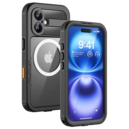 Lanhiem Magnetic for iPhone 16 Case IP68 Waterproof Dustproof Case [Compatible with Magsafe] [Built-in Screen Protector] Full Body Heavy Duty Rugged Phone Cover 6.1 inch Black/Clear