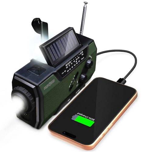 Image of FosPower NOAA Emergency Weather Radio A1 7400mWh Portable Power Bank, AM /FM, USB /Solar /Hand Crank Charging, Battery Operated, SOS Alarm & Flashlight for Indoor /Outdoor Emergency - Green