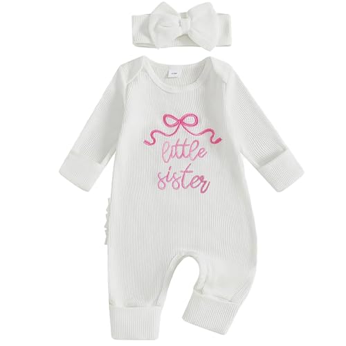 Image of Lehoso Newborn Baby Girl Clothes Long Sleeve Crew Neck Letter Embroidery One Piece Romper Jumpsuit Infant Fall Winter Outfit