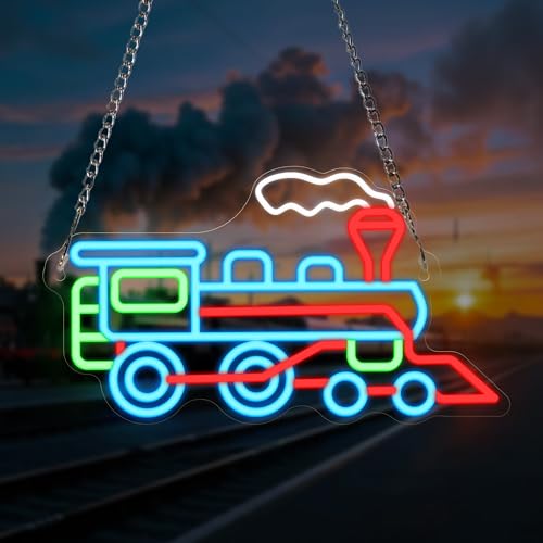 Image of CoolGift Mart Steam Train Neon Sign, Dimmable LED Neon Wall Light USB Powered with Multiple Color Lights, for Bedroom Living Room Game Room Man Cave Home Birthday Gift for Kids Teen Boys Girls