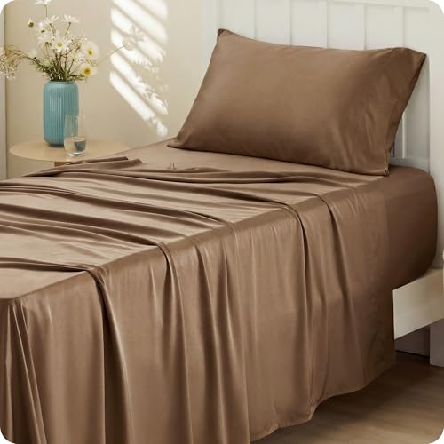Image of Bedsure Cooling Sheets Twin, Rayon Derived from Bamboo, PureWoven, Breathable & Soft Twin Sheets Set, Deep Pocket Up to 16 Inches, Hotel Luxury Silky Bedding for Hot Sleepers, Coffee