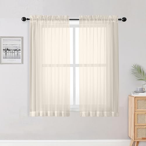 Image of OWENIE Sheer Curtains 54 inches Long 2 Panles for Living Room Bedroom Small Windowm, Rod Pocket Light Filtering Voile Sheers Drapes, 42 inch W x 54 inch L, Cream