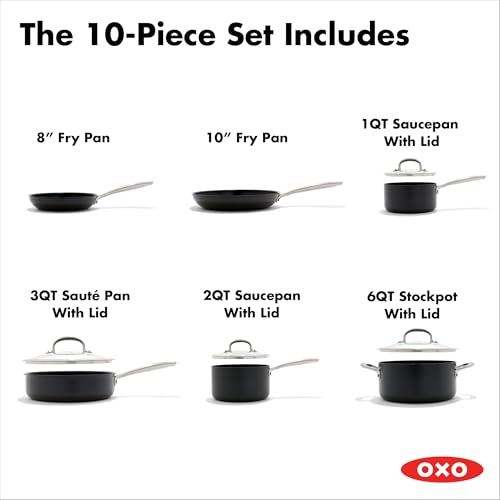 Image of OXO Enhanced 10 Piece Cookware Pots & Pans Set, PFAS-Free Ceramic Nonstick, Durable Hard Anodized Cookware, Scratch Resistant, Stainless Steel Handle, Good Grips, Dishwasher & Oven Safe, Black