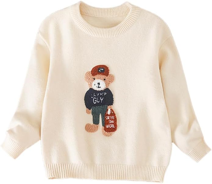 Kids Teddy Bear Knit Sweater, Crew Neck, Long Sleeve, Cream Color