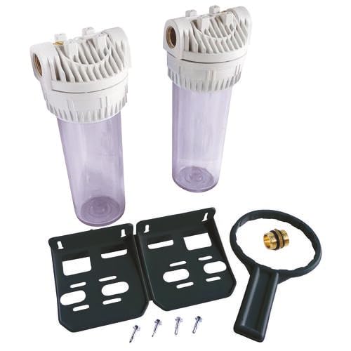 AQUAWATER - Station Double Filtre 107223 - Dimension Standard 9''3/4 - Pour Traitement d'Eau - Équerre de Fixation et Clé de Desserrage Incluses - Blanc - Ø9.75 x 25 cm - Débit Max 1.5 m3/h | Doublez votre filtration avec cette station polyvalente, compat