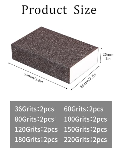 16 Stück Schleifschwämme, 36/60/80/100/120/150/180/220 Körnung Schmirgelpapier, Schleifpapier Holz, Handschleifer, Waschbar Wiederverwendbar zum Schleifen, Polieren Metall, Holz,Sanding Sponges