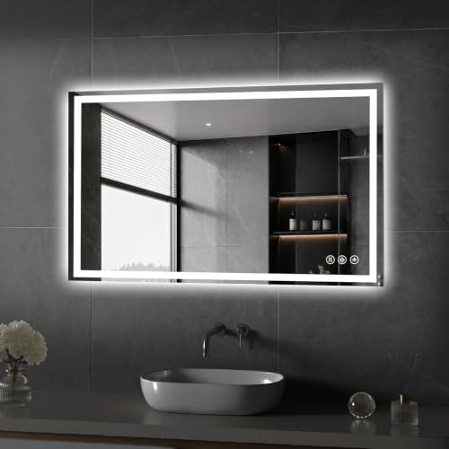 Image of Koonmi 42x24 LED Bathroom Mirror with Light, Anti-Fog, 3 Colors | Backlit + Front Lit, Dimmable Brightness, Shatterproof HD Distortion-Free Tempered Glass, Hardware Included