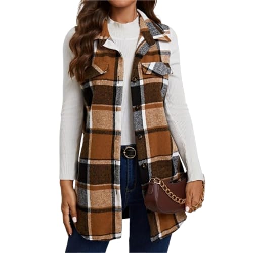 Plaid Vest for Women Trendy Casual Button Down Sleeveless Long Shacket Lightweight Comfy Lapel Neck Jacket Outerwear
