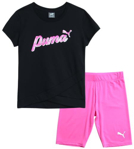 PUMA Conjunto de shorts para meninas – camiseta de desempenho de 2 peças e shorts de ginástica ou sh