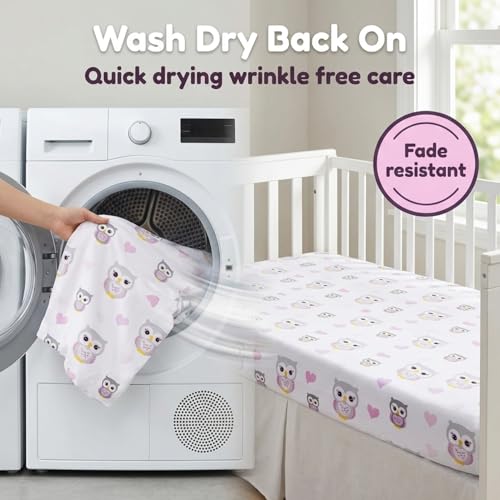 Image of 2 Pack Fitted Crib Sheets for Girls in 100% Jersey Knit Cotton - Girl's Crib Mattress Sheets with a Nature Theme of Owls with Purple and Pink Hearts and a Gray Sheet with Pink Hearts by Everyday Kids