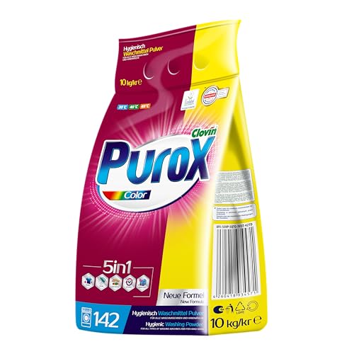 PUROX COLOR Detergente Lavadora Polvo en bolsa (142 Lavados) – para tejidos de color, elimina manchas, ecológico, protege contra la cal, 10 kg