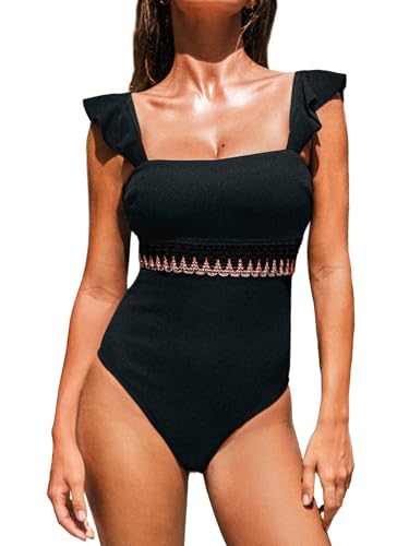 CUPSHE Women's One Piece Swimsuit Square Neck Ruffled Bathing Suit Stitching Cutout Adjustable Straps Self Tie Textured