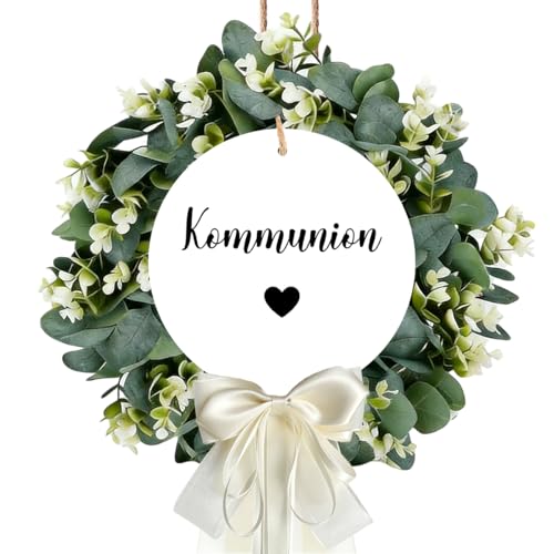 Türkranz Kommunion,Kommunion Dekoration,Konfirmation Kranz,Künstlicher Eukalyptus Kranz,mit Holzschild und weißer Schleife für die Festliche Dekoration zur Kommunions und Konfirmation,Ø 40 cm