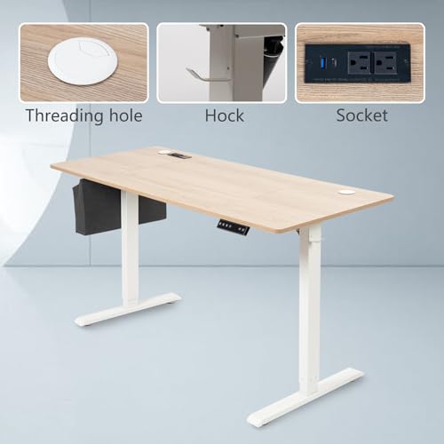 55x24-Inch-Electric-Height-Adjustable-Standing-Desk-with-Cable-Management-Splice-Board-Mouse-Pad-2-Outlet-Power-Strip-with-USB-20W-Charger-and-CastersWhite-FrameLog-Top