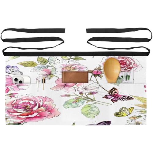 Tablier court de chef au motif aquarelle de fleurs et papillon pour la maison