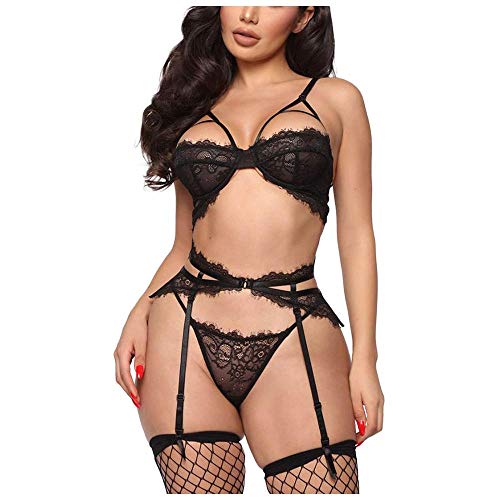 Lingerie érotique 3 pièces en dentelle noire avec soutien-gorge transparent et jarretière
