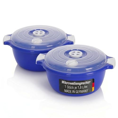 Lantelme Lot de 2 bols micro-ondes 1,8 l avec valve vapeur fabriqué en Allemagne - Empilable - Passe au lave-vaisselle - Bol plastique pour micro-ondes (Bleu)