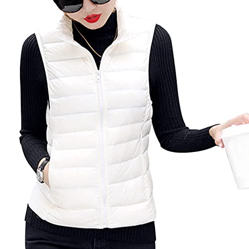 shownicer Damen Weste Kurze Ärmellose Jacke Warme Steppweste mit Kapuze Daunenweste Winter Frühling Stehkragen Gesteppt Leicht Daunenjacke Steppjacke Wintermantel A Weiß S