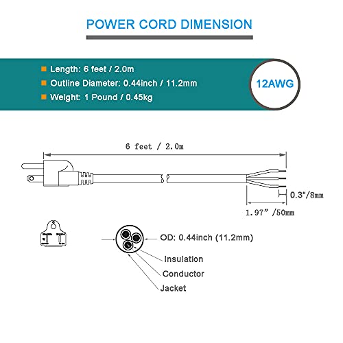Power Cord Pigtail 12 Awg Heavy Duty 6Ft 12 Gauge 3 Prong Stripped Off 3 Wire Sjt Power Supply Ac Plug Open End Nema 5-15P, Replacement Power Cord,1875W At 125V Power Cord For Power Tool #TOP4