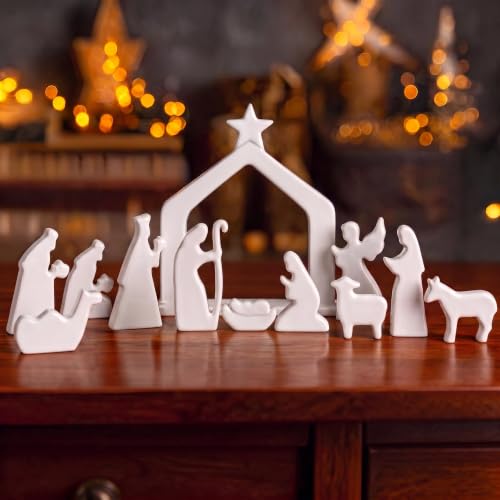 Image of NEROSUN Nativity Scene Set Figurines, 12Pcs White Ceramic Nativity Scene Miniature Holy Family Tabletop, Christmas Decorations for Indoor Holiday Table Mantel Decor Christian Spiritual Gift