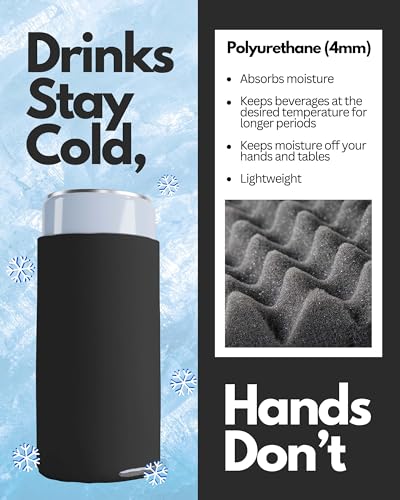 Image of PartyPrints 25 Pack Black Blank Slim Can Cooler Sleeves | Plain Seltzer Customizable Bulk Coolers for Beer Bottles & 12oz Tall Cans | Skinny Collapsible Drink Insulated Sleeve