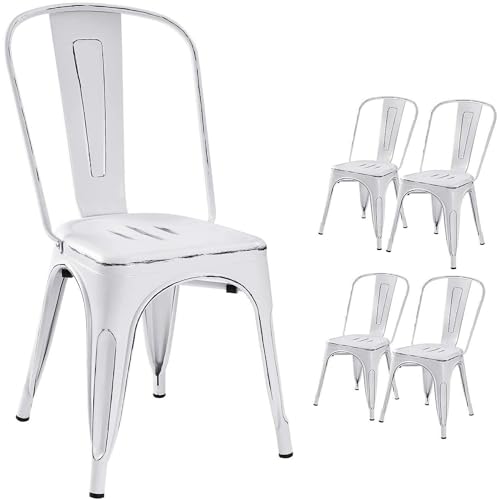 Image of Devoko Metal Indoor-Outdoor Chairs Distressed Style Kitchen Dining Chairs Stackable Side Chair with Back Set of 4 (White)