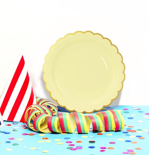 Image of HEIPINIUYE 50 Pieces Yellow Paper Plates with Gold Foil 7 Inch Disposable Yellow Scalloped Dinner Plates for Wedding Baby Shower Birthday Party
