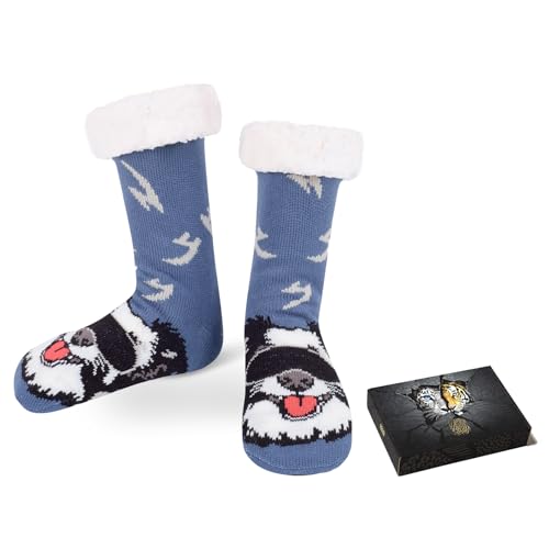 HERYEBING Mens Slipper Socks & Gift Box - Fluffy Thermal Non-slip Socks Cozy Warm Christmas Gifts for Men Funny Novelty for Size 9-12 UK Animal Dog (Border Collie Sheepdog)