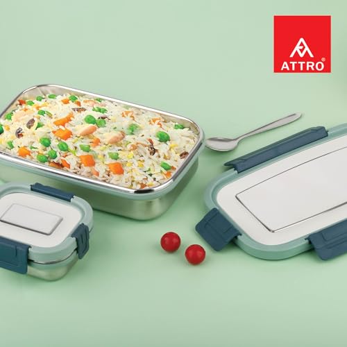 Image of ATTRO Sparkle Medium Stainless Steel Lunch Box 2-Piece Set - 800ml + 150ml - Leak-Proof, BPA-Free, Compact & Durable - Ideal for Kids, Office, Travel - Green