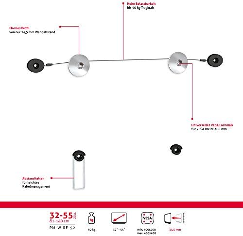 PureMounts WIRE-52 wall mount for TV sets with 81-140cm (32-55 "), VESA: 400x400, wall distance: 14.5mm, max load: 50kg, black