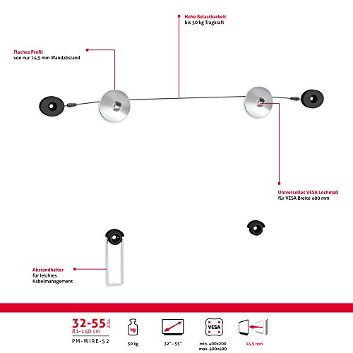 PureMounts WIRE-52 Soporte de pared para TV con 81-140cm (32-55), VESA: 400x400, Distancia de la pared: 14,5mm, carga max: 50kg, negro