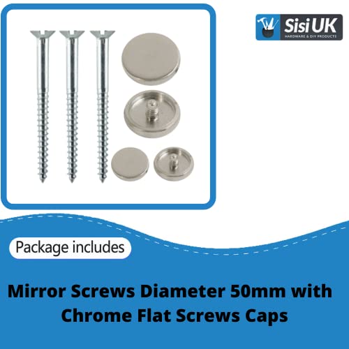 50mm Mirror Screw & 13mm Chrome Flat Decorative Screw Cap Covers for Mirror Tables Bath Plates, Wardrobes & Glass Signs - Pack of 20 - Image 2