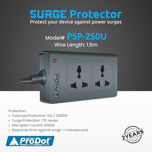Image of ProDot Power Spike Guard, Strip Surge Protector with Master Switch and 2 Outlets, Heavy Duty Extension Cord for Home, Office, Travel & Phone Charging Bricks (1.5 Meter)