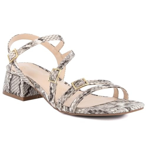 Jones New York Women's Strappy Dress Sandals – Low Block Heel with Square Toe and Buckle Straps – Comfortable Open-Toe Heels for Casual or Formal Outfits